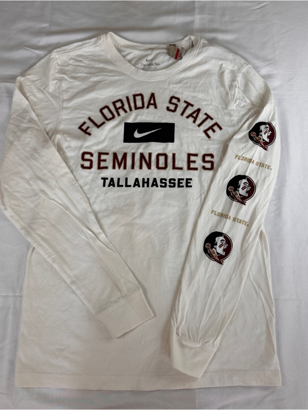 FSU Florida State University Seminoles LS Nike Tee Size S - White Crew Neck -522